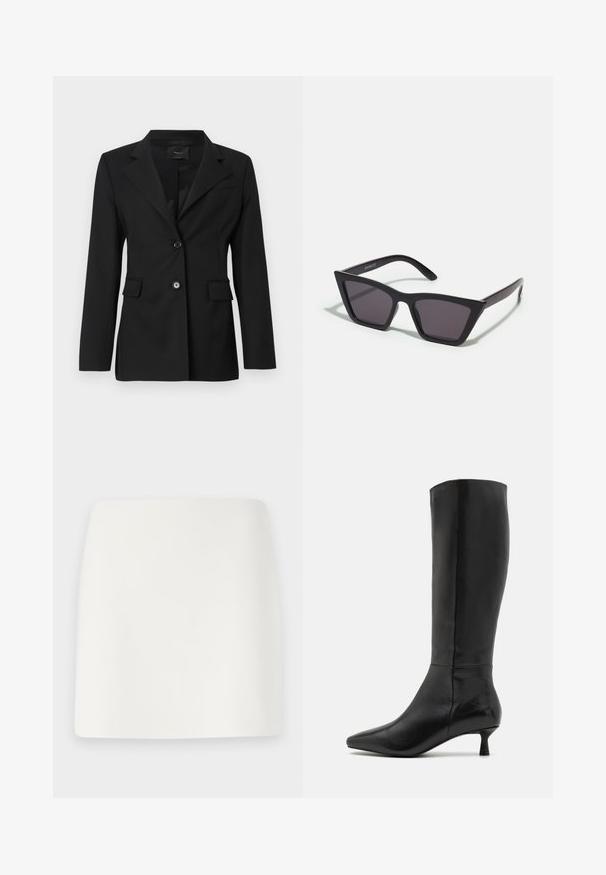 Melna pielāgota žakete ar iegrieztu apkakli, divām priekšējām kabatām un vienu pogu aizdari. Izgatavota no gludas auduma ar strukturētu piemeklējumu.; Melnā turtlenecka džemperis ar garām piedurknēm, īsā dizainā, adīts raksts un pieguļošas aproces. Vienkārša, vienkrāsaina bez rakstiem.; Balta, pieguļoša mini svārku ar gludu tekstūru un tīrām līnijām. Nav redzamu rakstu vai metalizācijas. Taisna apakšmala.; Zign Zābaki - black; Melni, stūrveida saulesbrilles ar pelēkiem objektīviem; izgatavotas no plastmasas, ar biezām kājām, kam ir gluda virsma un nav redzamu stiprinājumu.