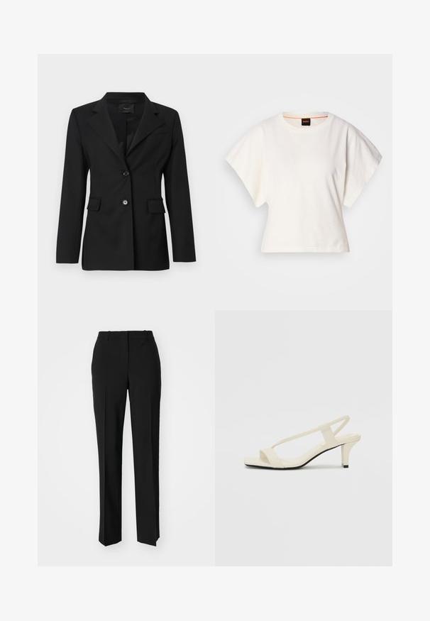 Blazer nero su misura con revers a punta, due tasche frontali e chiusura con un solo bottone. Realizzato in un tessuto liscio con una vestibilità strutturata.; T-shirt bianca cropped, maniche corte e larghe, tessuto di cotone morbido, scollatura rotonda con bordino arancione sottile, design minimale, senza motivi o grafiche.; Pantaloni neri su misura con un design a gamba dritta, caratterizzati da una texture liscia e pieghe ben definite sul davanti. Senza hardware visibile.; Sandali con tacco a blocco beige, con sottili cinturini e punta quadrata. Materiale liscio con dettagli minimi, progettati per un facile utilizzo.