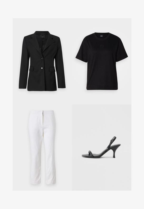 Black tailored blazer with a notched lapel, two front pockets, and a single button closure. Made from smooth fabric with a structured fit.; Black cotton t-shirt with a crew neckline, short sleeves, and an embroidered logo on the chest. Simple, relaxed fit with no patterns.; White cotton pants with a straight leg design, featuring a mid-rise waist and no visible hardware or patterns. Smooth texture throughout.; Black leather high-heeled sandals with a slim, curved heel and a crossed strap design. Adjustable ankle strap. Smooth texture.