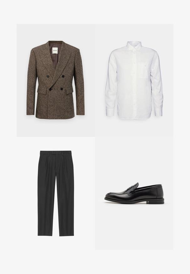 Dobbeltradet brun tweed blazer med sorte knapper og klaplommer, skræddersyet pasform og reverskrave.; Langærmet hvid skjorte lavet af bomuld, med en knap-down krave, brystlomme og almindelig pasform. Struktureret stof med en glat overflade.; Sorte plisserede bukser lavet af et glat stof; har en talje med bæltesløjfer og en lige benpasform. Minimalistisk design uden mønstre.; Sorte læderloafers med en glat overflade, rund tå og en dekorativ strop over vampen. Lav hæl med stabeldesign, minimalistisk stil.