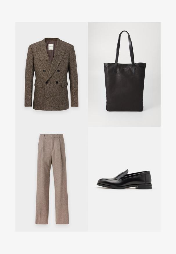 Doppelt gefütterte braune Tweed-Blazer mit schwarzen Knöpfen und Klappentaschen, taillierte Passform und Reverskragen.; Himmelblaues Langarmhemd mit spitzem Kragen, schwarzen Knöpfen und einem einzigartigen Ausschnitt vorne für ein markantes Design.; Braune, hochtaillierte Hose aus strukturiertem Stoff. Mit weitem Bein und zwei vorderen Bügelfalten für zusätzliche Form. Saubere Verarbeitung ohne sichtbare Hardware.; Schwarze Lederloafers mit glatter Textur, rundem Zehenbereich und einem dekorativen Riemen über dem Vorderfuß. Niedriger, gestapelter Absatz, minimalistisches Design.; Schwarze Stofftote mit schwarzen Ledergriffen. Einfaches Design, geräumiger Körper und glatte Textur. Keine sichtbaren Logos oder Muster.