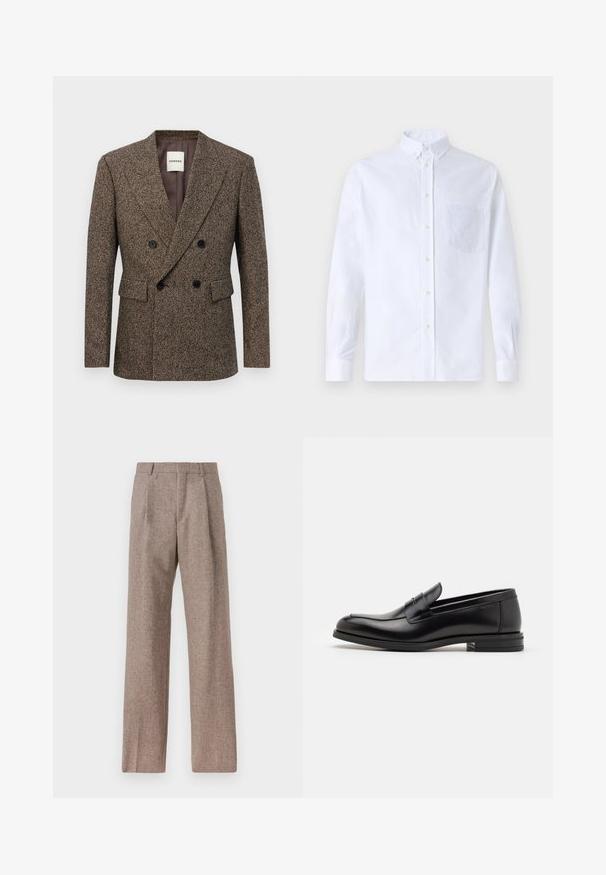 Kaksiriviuline pruun tweed bleiser mustade nuppudega ja lipakottidega, kohandatud istuvus ja lõikega krae.; Valge pikamaa varrukatega nööbiga särk, mis on valmistatud puuvillast ja millel on rinna tasku toon-toonis brodeeringuga, krae ja nööbiga mansetid.; Prunnid, kõrge vöökohaga püksid, mis on valmistatud tekstureeritud kangast. Omavad laiu jalgu ja kahte eesmist voldikut struktuuri jaoks. Korralik viimistlus, ilma nähtava riistvarata.; Mustad mustad nahast loafers sileda tekstuuriga, ümarat ninaosa ja dekoratiivne riba vampi üle. Madal kihiline konts, minimalistlik disain.