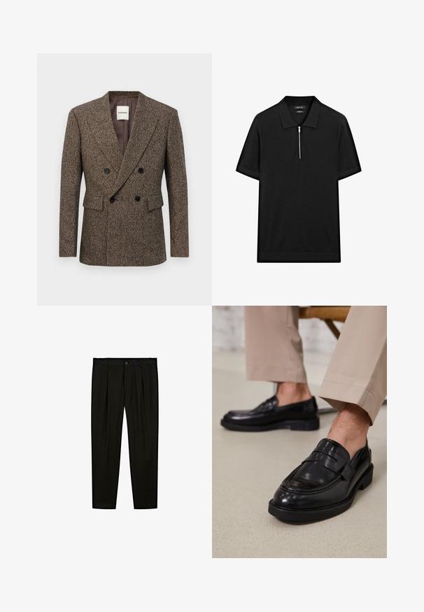 Dobbeltradet brun tweed blazer med sorte knapper og klaplommer, skræddersyet pasform og reverskrave.; Sort kortærmet polo skjorte med ståkrave og frontlynlås. Lavet af et glat stof med et rent, minimalistisk design.; Sorte skræddersyede bukser lavet af glat stof. Funktioner inkluderer flad front, brede ben og en knaplukning i taljen.; Sorte lædermokkasiner med en glat overflade, der har en dekorativ rem og kontraststing, parret med beige bukser.