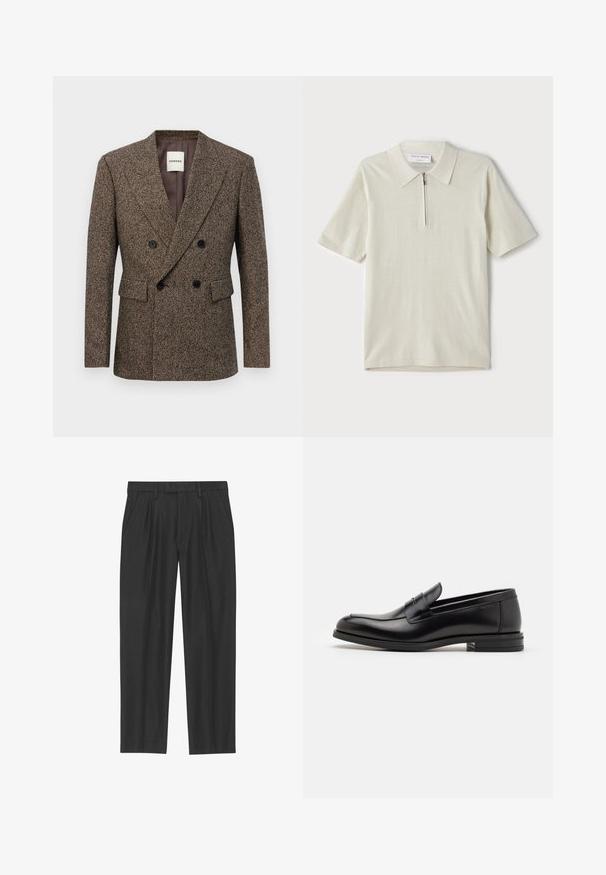 Doppelt gefütterte braune Tweed-Blazer mit schwarzen Knöpfen und Klappentaschen, taillierte Passform und Reverskragen.; Kurzärmliges Poloshirt in hellbeige mit Reißverschlusskragen. Hergestellt aus glattem Stoff, bietet es ein einfaches, modernes Design ohne Muster.; Schwarze, plissee Hosen aus einem glatten Stoff; mit einem Bund und Gürtelschlaufen sowie geradem Beinausschnitt. Minimalistisches Design ohne Muster.; Schwarze Lederloafers mit glatter Textur, rundem Zehenbereich und einem dekorativen Riemen über dem Vorderfuß. Niedriger, gestapelter Absatz, minimalistisches Design.