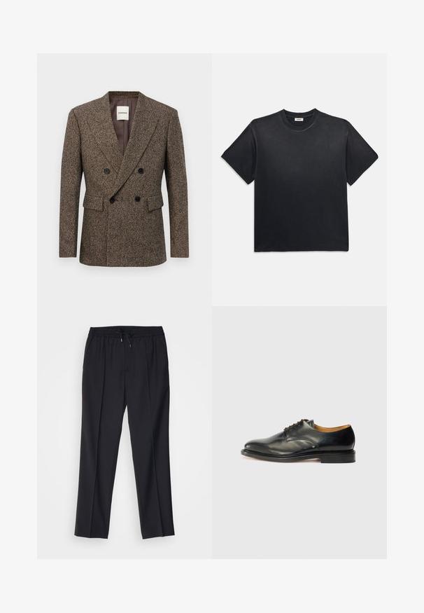 Brązowa dwurzędowa marynarka z tkaniny tweed, z czarnymi guzikami i kieszeniami z klapami, dopasowany krój i kołnierz z wycięciem.; Czarna bawełniana koszulka z okrągłym dekoltem i krótkimi rękawami. Charakteryzuje się luźnym krojem, gładką teksturą oraz minimalistycznym wzornictwem.; sandro - Chinosy; Czarne skórzane buty eleganckie z gładkim wykończeniem, okrągłym noskiem i minimalnym sznurowaniem. Charakteryzują się subtelnym wzornictwem oraz niską, solidną gumową podeszwą.