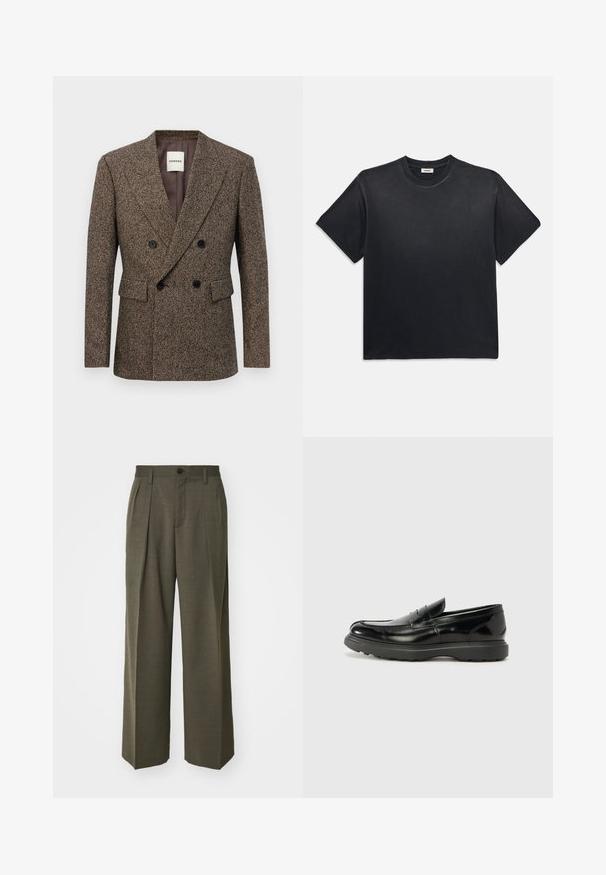 Blazer doppiopetto in tweed marrone con bottoni neri e tasche a pattina, fit su misura e colletto a rever.; T-shirt in cotone nero con scollatura rotonda e maniche corte. Presenta una vestibilità comoda, una texture liscia e un design minimalista.; Filippa K WIDE TROUSERS - Pantaloni - driftwood; Mocassino in pelle nera con finitura lucida, punta arrotondata, dettagli di cucitura sottili e suola in gomma spessa per una maggiore durata.