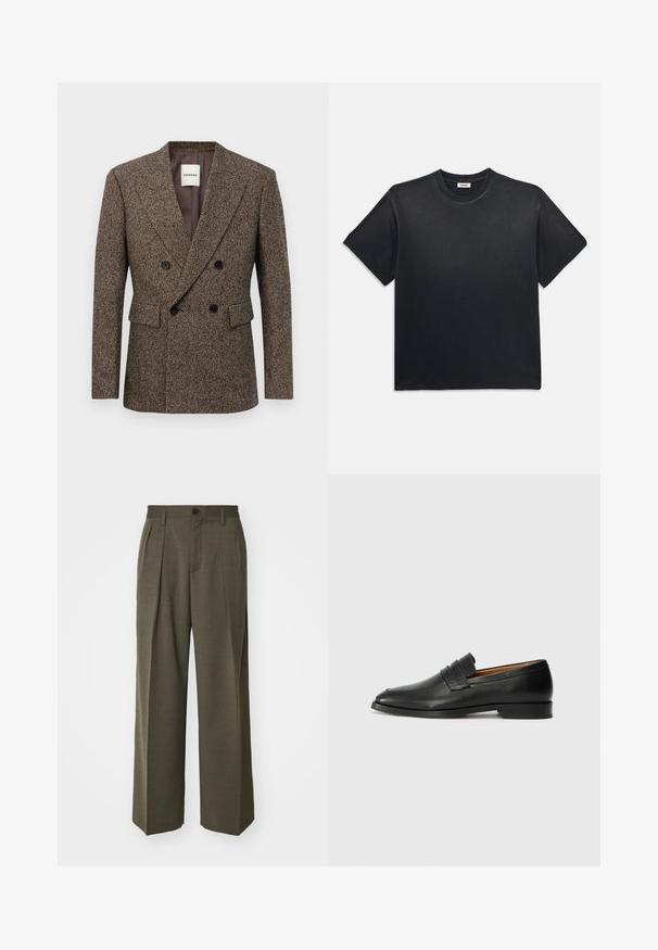 Kétsoros barna tweed blézer fekete gombokkal és hajtókás zsebekkel, testhezálló szabással és klipsz gallérral.; Fekete pamut póló kerek nyakkivágással és rövid ujjakkal. Lazább fazon, sima textúra és minimalista design jellemzi.; Filippa K WIDE TROUSERS - Nadrágok - driftwood; Fekete bőr mokaszin, kerek orral, diszkrét varrásokkal és alacsony sarokkal, sima felülettel és minimalista dizájnnal.