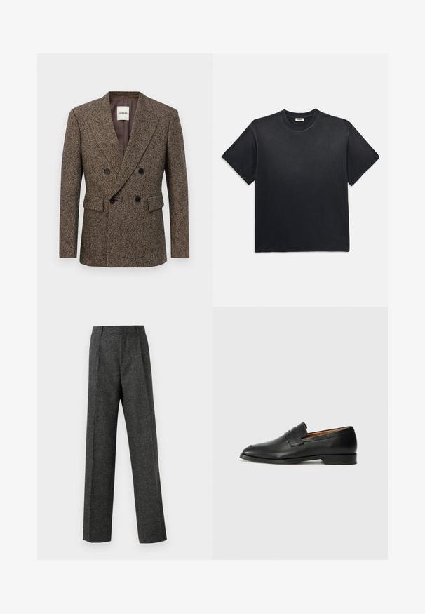 Kétsoros barna tweed blézer fekete gombokkal és hajtókás zsebekkel, testhezálló szabással és klipsz gallérral.; Fekete pamut póló kerek nyakkivágással és rövid ujjakkal. Lazább fazon, sima textúra és minimalista design jellemzi.; Szürke, texturált anyagból készült, szabott nadrág, két elülső pliszével és egyenes lábbal. Nincsenek látható zsebek vagy díszítések.; Fekete bőr mokaszin, kerek orral, diszkrét varrásokkal és alacsony sarokkal, sima felülettel és minimalista dizájnnal.