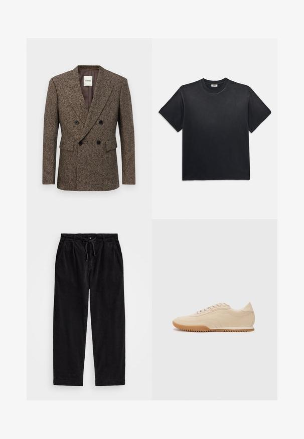 Blazer doppiopetto in tweed marrone con bottoni neri e tasche a pattina, fit su misura e colletto a rever.; T-shirt in cotone nero con scollatura rotonda e maniche corte. Presenta una vestibilità comoda, una texture liscia e un design minimalista.; Pantaloni in velluto a coste neri con una vestibilità rilassata, dotati di una vita elasticizzata con cordoncino e tasche laterali. Il tessuto presenta una texture a coste.; Sneaker in suede beige con un design snello, caratterizzati da una tomaia texture, punta arrotondata e suola in gomma con un motivo a zigzag.