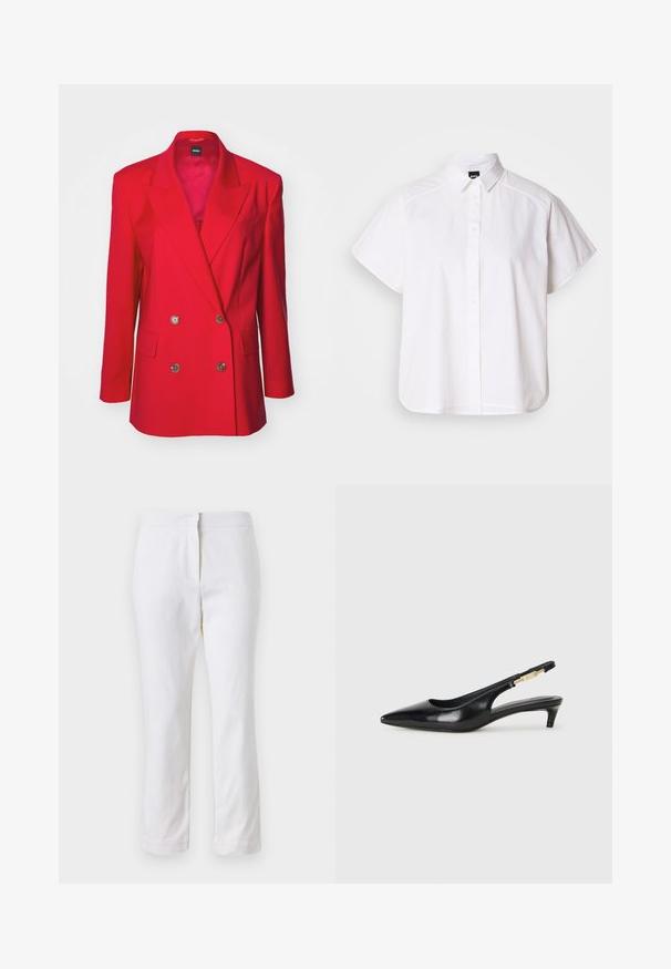Red double-breasted blazer made of smooth fabric, featuring a notched lapel, two front pockets, and silver-tone buttons.; White short-sleeve button-up shirt with a pointed collar and curved hem. Made from cotton with a smooth texture and no visible patterns.; White cotton pants with a straight leg design, featuring a mid-rise waist and no visible hardware or patterns. Smooth texture throughout.; Black leather slingback heels with a pointed toe, featuring a slim heel and a gold-tone accent on the adjustable strap. Smooth texture.