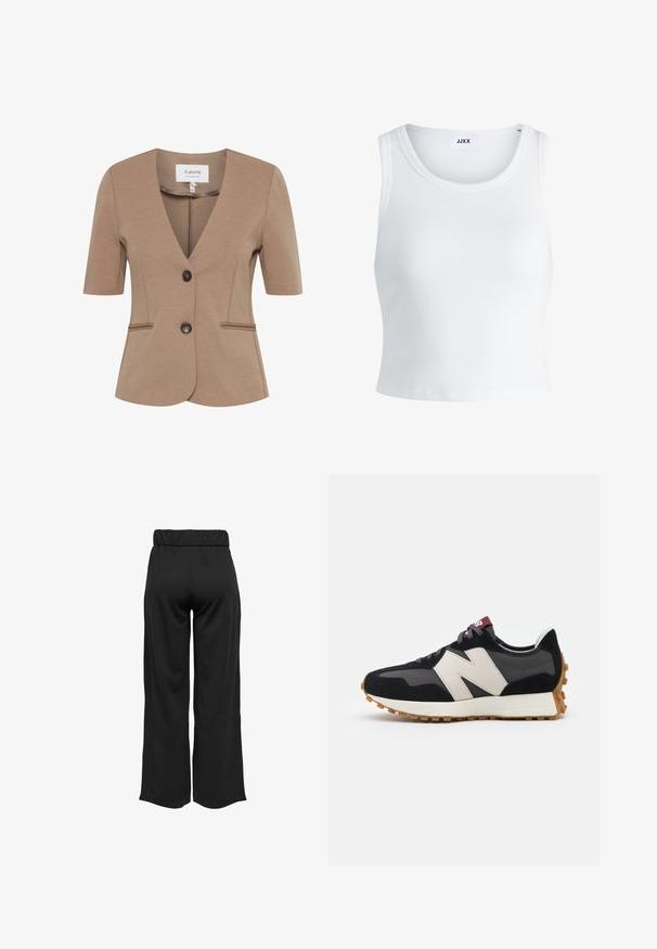 Brūns īsais žakets ar V-veida kaklu, vienu pogu aizdari, divām priekšējām kabatām, strukturētu audumu un pielāgotu piegriezumu.; Balts ribots topiņš ar apaļu kakla izgriezumu, bez piedurknēm un īsā garumā. Uz birkas ir rakstīts "JJXX." Gluda auduma tekstūra.; Melnas, platas bikses ar elastīgu jostu, izgatavotas no gludas auduma. Iespējamā tīra dizaina ar bez kabatām un redzamām šuvēm.; Melnas un pelēkas zamšādas sporta kurpes ar lielu krēmkrāsas "N" logotipu, purpura šņorēm un strukturētu gumijas zoli.