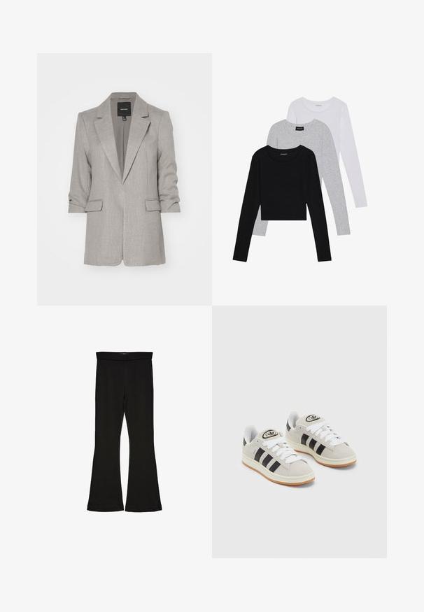 Vero Moda VMFRIDA REGULAR - Blazer - silver mink; Three long-sleeve tops stacked: black, grey, and white. Each has a round neckline and a cropped design with smooth, lightweight fabric.; Black flare leggings made from stretchy fabric. Features a wide waistband and a smooth texture, with a fitted silhouette that flares at the hem.; Gray suede sneakers with white laces, black stripes, and a white rubber sole. Features a circular logo on the tongue and a gum sole.