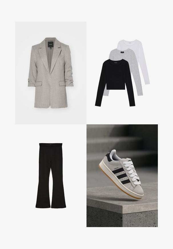 Vero Moda VMFRIDA REGULAR - Blazer - silver mink; Drie langmouwige tops gestapeld: zwart, grijs en wit. Elke top heeft een ronde halslijn en een cropped ontwerp van soepel, lichtgewicht materiaal.; Zwarte flare leggings gemaakt van rekbaar materiaal. Beschikt over een brede tailleband en een zachte textuur, met een getailleerd silhouet dat uitloopt bij de zoom.; Grijze Adidas Campus sneaker met zwarte strepen en witte veter, zwevend boven een betonnen richel met trappen op de achtergrond.