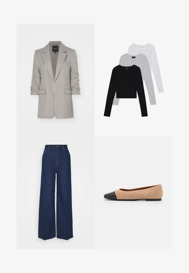 Vero Moda VMFRIDA REGULAR - Blazer - silver mink; Drie langmouwige tops gestapeld: zwart, grijs en wit. Elke top heeft een ronde halslijn en een cropped ontwerp van soepel, lichtgewicht materiaal.; Hoge taille wijdvallende donkerblauwe denim jeans met voor- en achterzakken, knoopsluiting en zichtbare stikseldetails.; Beige suède ballet flats met een zwarte leren ronde neuskap, lage hak en een gladde textuur, met minimale stiksels en een schone uitstraling.