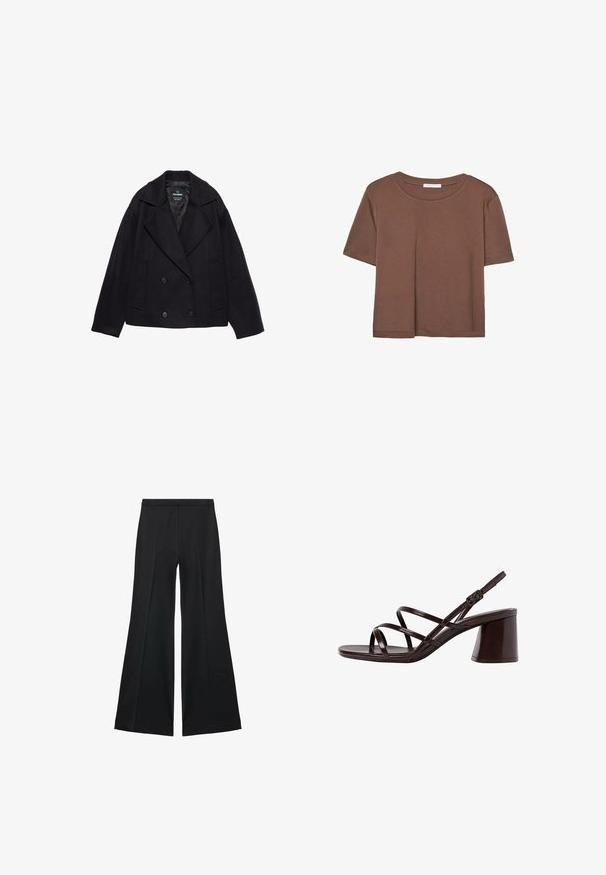 Črn dvoredni plašč z velikimi klapnicami, dolgimi rokavi in dvema sprednjima žepoma. Narejen iz teksturirane mešanice volne.; Rjava kratka majica s kratkimi rokavi iz mehkega materiala, s krožnim izrezom in ohlapnim krojem. Brez vidnih vzorcev ali dodatkov.; Črne široke hlače z gladko teksturo, ki imajo sprednje nabore in kroj po meri. Tkanina je lahka in zračna.; Rjave sandale na visoki peti s debelim petom, z gladko, sijajno površino in večkratnimi križnimi trakovi na zgornjem delu.