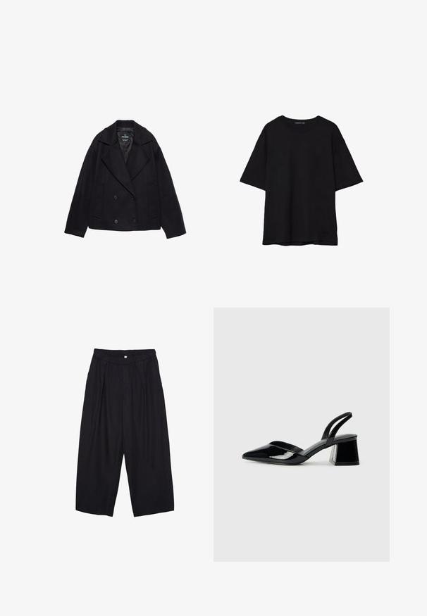 Čierny dvojradový kabát s veľkými klopami, dlhými rukávmi a dvoma prednými vreckami. Vyrobený z textúrovanej vlnenej zmesi.; Čierne bavlnené tričko s voľným strihom, krátkymi rukávmi, zaobleným výstrihom a hladkou textúrou. Bez viditeľných vzorov alebo akcentov.; Čierne polyesterové culotte nohavice s elastickým pásom, dvoma prednými záhybmi a voľným strihom. Žiadne viditeľné vzory ani detaily z kovu.; Čierne lakované kožené sandálové podpätky s špicatou špičkou a geometrickým blokovým podpätkom. Disponujú elegantným, minimalistickým dizajnom a hladkým povrchom.