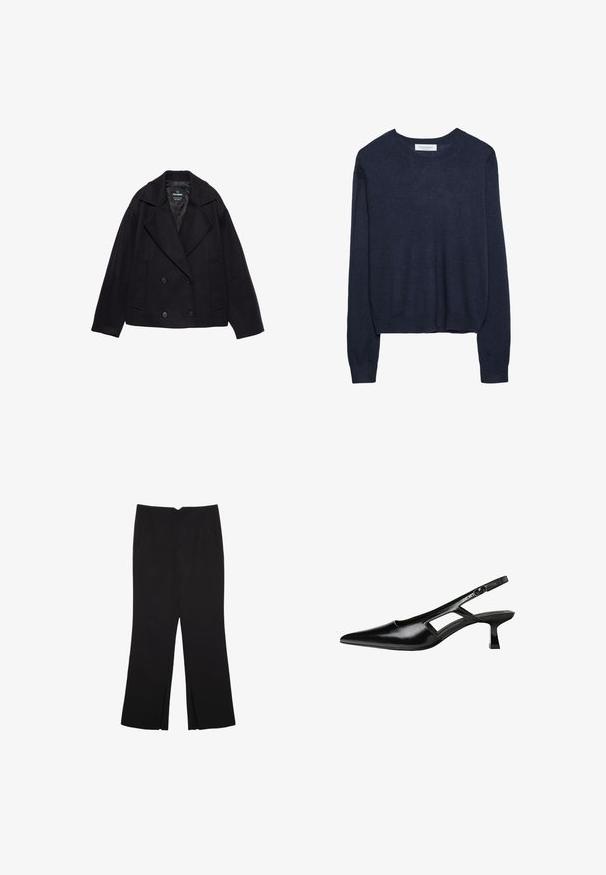 Crni dvoredni kaput s velikim reverima, dugim rukavima i dva prednja džepa. Izrađen od teksturirane vune.; Mornarsko plava pletena džamper s okruglim izrezom i dugim rukavima, s lagano skraćenim rubom i rebrastim manžetama za dodatnu teksturu.; Crne hlače ravnog kroja, s prednjim džepovima i bočnim prorezima na rubu. Izrađene od mekog i glatkog materijala. Pogodne za razne prigode.; Crne lakirane natikače na remenčić sa špicastim nosom, dizajnom sa izrezima sa strane i malim kvadratnim potplatom. Glatka tekstura s minimalnim akcentima.