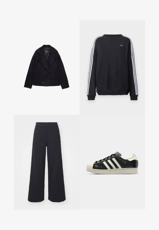 Palton negru cu guler lat, cu două rânduri de nasturi, mâneci lungi și două buzunare frontale. Fabricat dintr-un amestec de lână texturată.; Hanorac negru cu mâneci lungi, dungi albe pe fiecare braț și un mic logo gri pe piept. Material din bumbac, croială casual.; Pantaloni de trening negri, cu picioare largi, confecționați dintr-un material moale, având un talie elastică și un logo mic pe partea stângă.; Sneaker din piele neagră cu dungi albe, vârf din cauciuc, șireturi negre și talpă de culoare crem. Textură netedă cu finisaj strălucitor.