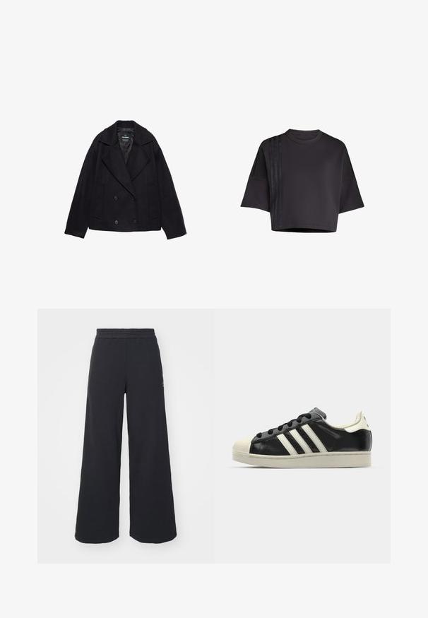 Schwarzer doppelt gehuster Mantel mit großen Revers, langen Ärmeln und zwei Vordertaschen. Hergestellt aus einem strukturierten Wollmischgewebe.; Schwarzes, cropped T-Shirt mit Rundhalsausschnitt und lockeren kurzen Ärmeln, das vertikale Satinstreifenakzente auf der linken Seite aufweist. Glatte Textur.; Schwarze weite Sweatpants aus weichem Material, mit einem elastischen Taillenbund und einem kleinen Logo auf der linken Seite.; Schwarze Ledersneaker mit weißen Streifen, Gummikappe, schwarzen Schnürsenkeln und einer cremefarbenen Sohle. Glatte Textur mit glänzender Oberfläche.