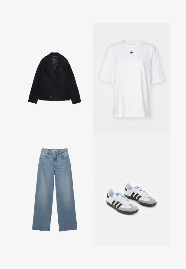 Cappotto nero doppiopetto con grandi revers, maniche lunghe e due tasche frontali. Realizzato in un tessuto misto lana testurizzato.; T-shirt bianco a maniche corte in cotone. Presenta un collo rotondo e un piccolo logo Adidas nero sul petto. Orlo dritto.; Jeans a gamba larga di colore azzurro chiaro realizzati in denim. Caratterizzati da vita alta, cinque tasche e un taglio dritto con minima scoloritura.; Scarpe sportive con tomaia in pelle bianca, punta in suede grigia e tre strisce nere. Presentano un logo blu sulla linguetta e una suola in gomma testurizzata.