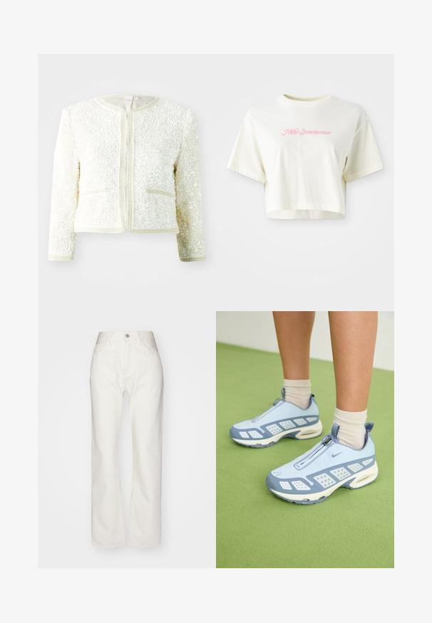 White textured jacket with a round neckline, front zip, and two pockets. Features a unique fabric with dimensional sequins and trim accents.; Cropped, cream-colored t-shirt made of cotton. Features a pink embroidered logo that reads "Nike Sportwear." Short sleeves and a round neckline.; White denim trousers with a high waist and wide-leg fit. Features a button and zipper closure, belt loops, and subtle stitching details.; Light blue athletic shoes with white accents, textured panels, and a zip closure. Features a visible air cushioning sole and rubber outsole.