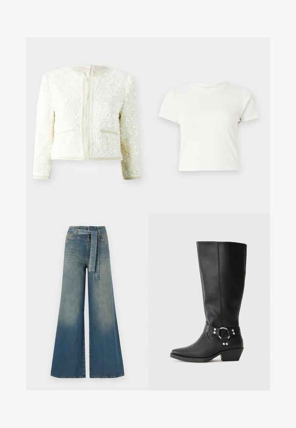 Jachetă albă texturată cu decolteu rotund, fermoar frontal și două buzunare. Prezintă un material unic cu paiete dimensionale și accente de trimm.; Tricou scurt, alb, din bumbac, cu mâneci scurte, decolteu rotund și margine dreaptă, având o textură netedă și un design minim.; Pantaloni din denim largi, cu un gradient de la albastru deschis la albastru închis, talie înaltă, bucle pentru curea și o curea din același material. Finisaj texturat din denim.; Cizme din piele neagră, până la genunchi, cu vârful ascuțit, având o curea decorativă la gleznă și accente din metal argintiu. Toc mic, pe călcâi.