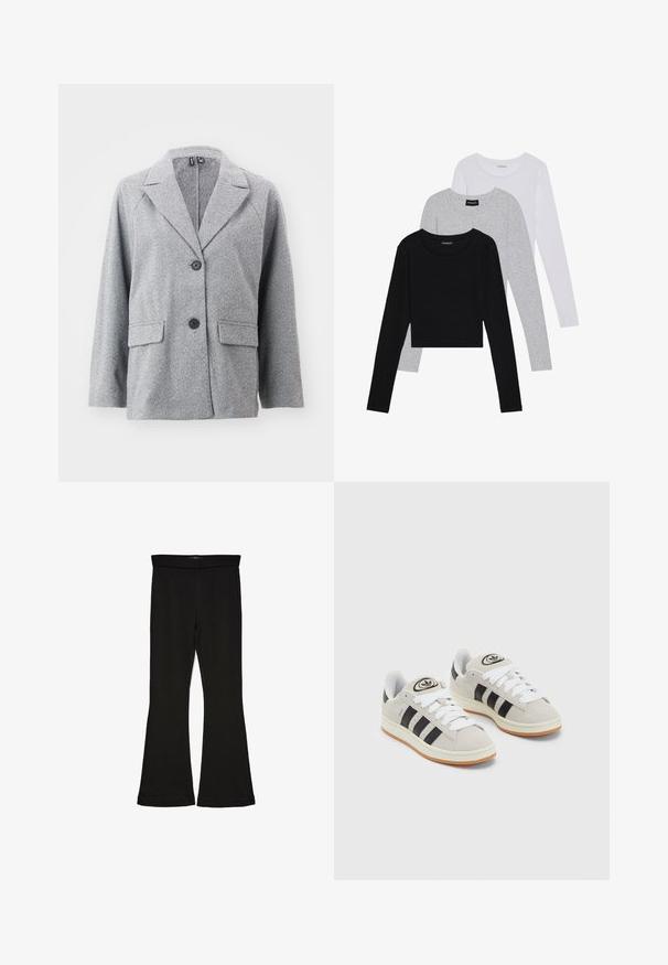 Blazer cinza feito de tecido em padrão herringbone, com colarinho picado, dois bolsos frontais e dois botões pretos.; Três camisetas de manga longa empilhadas: preta, cinza e branca. Cada uma tem um decote redondo e um design cropped, feitas de um tecido leve e suave.; Leggings pretos em flare feitos de um tecido elástico. Apresentam uma cintura larga e uma textura suave, com um silhueta ajustada que se alarga na bainha.; Tênis de camurça cinza com atacadores brancos, riscas pretas e uma sola de borracha branca. Apresenta um logótipo circular na língua e uma sola de borracha.