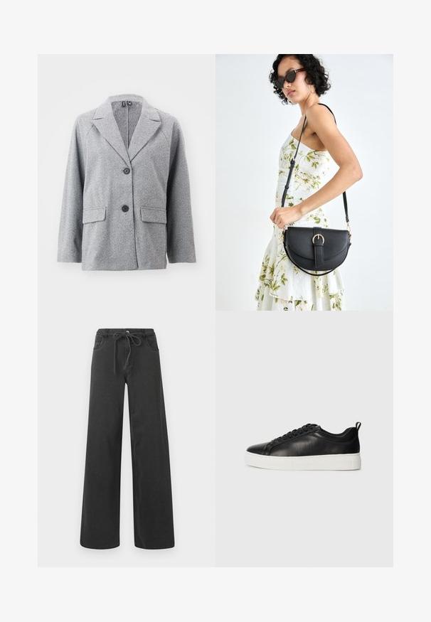 Blazer cinza feito de tecido em padrão herringbone, com colarinho picado, dois bolsos frontais e dois botões pretos.; Camiseta verde desbotada, mangas curtas, gola redonda, material de algodão macio, textura ligeiramente desgastada, corte casual.; Jeans largas pretas em denim, com um bolso elástico na cintura, dois bolsos frontais e uma textura suave. Sem padrões ou detalhes visíveis.; Sapatilha de couro preta de cano baixo com atacadores pretos e sola de borracha branca grossa, vista do lado externo sobre um fundo branco.; Bolsa de couro preta com forma curva, alça destacável e detalhes em dourado. A bolsa possui uma aba com detalhe de fivela.