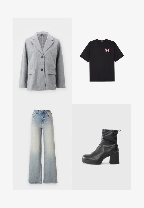 Hall tooni herringbone mustriga bleiser, millel on lõikega krae, kaks esist taskut ja kaks musta nuppu.; Must muströöpidega must puuvillane T-särk, vasakul rinnal on väike roosa liblikas. Ümar kaelus ja vabalt istuv lõige.; Heledad sinine laia säärega teksapüksid, mis on valmistatud denimist, kõrge vöökoht, viis taskut ja nähtav õmblemine õmbluste ääres.; Mustad mustad ansapüksid, mis on valmistatud siledast nahast, külje zipperiga, paksu tekstuuriga kontsaga ja ümmarguse nina disainiga.