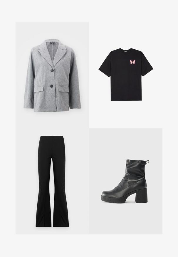 Hall tooni herringbone mustriga bleiser, millel on lõikega krae, kaks esist taskut ja kaks musta nuppu.; Must muströöpidega must puuvillane T-särk, vasakul rinnal on väike roosa liblikas. Ümar kaelus ja vabalt istuv lõige.; Mustad flared püksid venivast kangast, millel on sile tekstuur, kohandatud lõige ja jagatud hem.; Mustad mustad ansapüksid, mis on valmistatud siledast nahast, külje zipperiga, paksu tekstuuriga kontsaga ja ümmarguse nina disainiga.