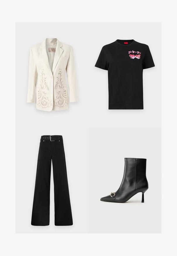 Lina žakete krēmkrāsā ar sarežģītim lāzera griezumiem ziedu detaļām priekšpusē, ar vienu pogu, izgrieztiem atlociem un kabatu.; Melnas kokvilnas t-krekls ar īsām piedurknēm, kurā ir rozā grafika ar saulesbrillēm un uzrakstu "Ne tava meitene" kreisajā krūtīs.; Melna platā kāju bikses, izgatavotas no kokvilnas, ar augstu jostasvietu, lieliem sānu kabatām un jostu ar sudraba detaļām.; Melnā ādas potīšu zābaku ar smailu purngalu, šauru vidēja augstuma papēdi un sudraba sprādzi sānos uz vienkrāsaina fona.