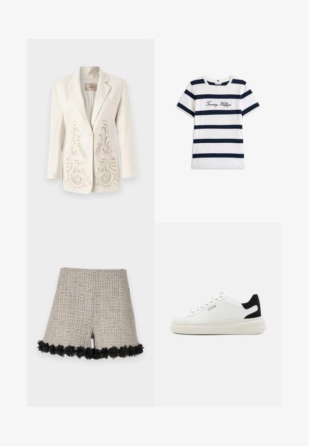 Sacou din in ivoire cu detalii florale intricate tăiate cu laser pe față, închidere cu un singur nasture, rever cu tăietură în formă de v, și o buzunar.; Tricou din bumbac cu dungi orizontale bleumarin pe un fundal alb. "Tommy Hilfiger" brodat în stil cursiv pe piept. Decolteu rotund.; Shorts din Tweed bej cu un model texturat, având o margine florală neagră la tiv. Designul include o formă generală croită.; Adidași din piele albă cu o talpă groasă albă, accent de călcâi din suede negru și logo embosat pe lateral. Design cu șireturi și șase orificii.