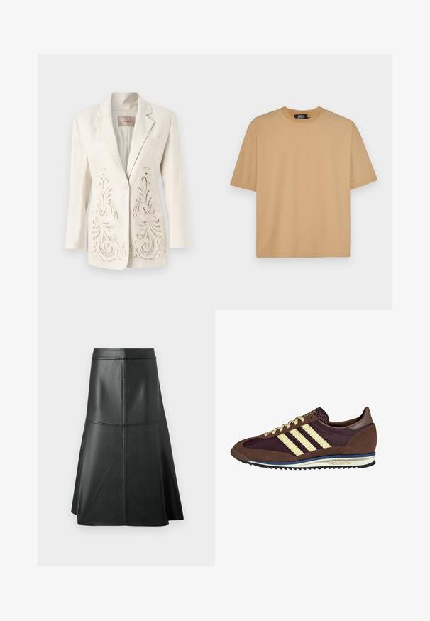 Lniany blezer w kolorze kości słoniowej z misternie wyciętymi laserowo detalami kwiatowymi z przodu, z pojedynczym zapięciem na guzik, klapami i kieszenią.; Beżowa bawełniana koszulka z okrągłym dekoltem, krótkimi rękawami i luźnym krojem. Gładka faktura z przeszyciem wzdłuż dołu i rękawów.; Czarna skórzana spódnica w kształcie litery A, o gładkiej fakturze, długości do połowy łydki, z poziomymi detalami przeszycia w talii i na szwach, co dodaje jej struktury.; Brązowe i burgundowe sneakersy wykonane z zamszu i siateczkowych materiałów, z trzema kremowymi paskami, teksturowanym materiałem na języku i gumową podeszwą.