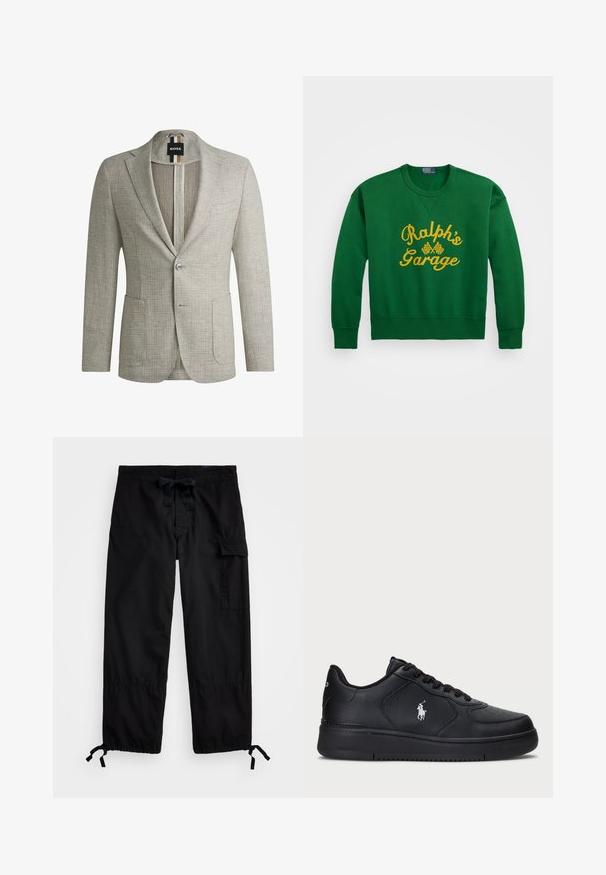 Világosszürke zakó, texturált anyagból készült. Két elülső zsebe, egysoros gombzárja és fekete-barna csíkos címkéje van.; Zöld pulóver kerek nyakkal, sárga hímzett "Ralph's Garage" felirattal és kockás zászlós részletekkel. Pamut keverék anyag.; Fekete cargo nadrág rugalmas derékkal és húzózsinórral. Oldalsó zsebekkel és állítható mandzsettákkal rendelkezik, amelyeken toggle zár van. Könnyű szövetből készült.; Fekete bőr sneaker cipők perforált mintával, lapos fűzős záródással és fehér hímzett logóval az oldalon. Vastag fekete gumitalp.