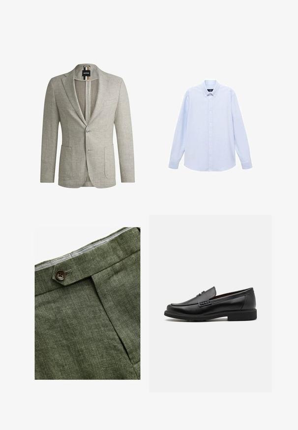 Jasnoszary żakiet wykonany z fakturowanej tkaniny. Posiada dwie przednie kieszenie, zapięcie na jeden guzik oraz metkę w czarne i brązowe paski.; Jasnoniebieska koszula z długim rękawem, zapinana na guziki, z klasycznym kołnierzykiem, prostym dołem i subtelną teksturą. Posiada centralne zapięcie na guziki.; Zielone lniane spodnie w odcieniu oliwkowym z plisami z przodu, posiadające zapięcie na guzik i kontrastową kratkowaną podszewkę w pasie.; Czarne syntetyczne mokasyny z wyraźnym przeszyciem z przodu, wyściełaną wkładką i płaską gumową podeszwą; smukły design z minimalnymi detalami.