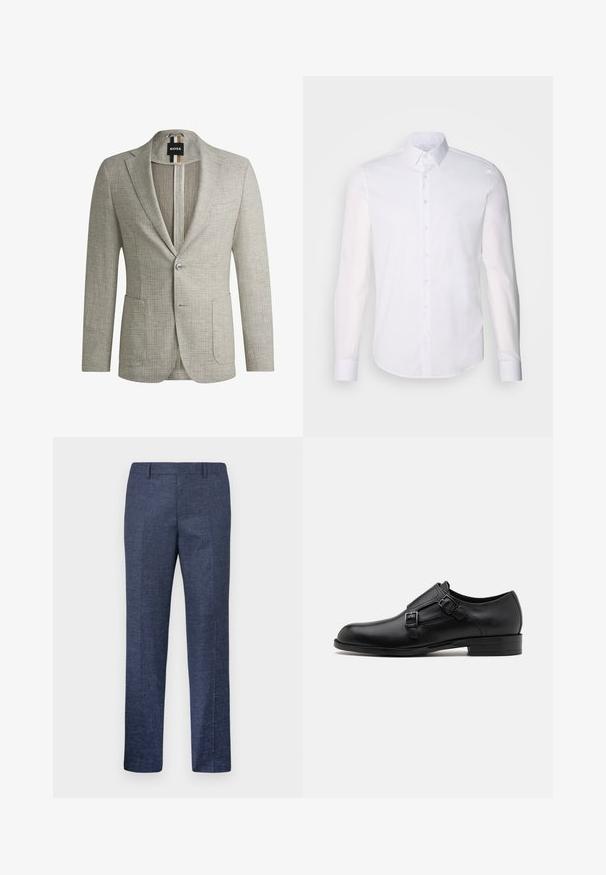 Blazer grigio chiaro realizzato in tessuto testurizzato. Presenta due tasche anteriori, chiusura con un solo bottone e un'etichetta con righe nere e marroni.; Camicia bianca a maniche lunghe con bottoni realizzata in cotone, caratterizzata da un colletto classico, bottoni frontali e dettagli di cucitura minimal.; Pantaloni blu navy realizzati in un tessuto texturizzato, con gamba dritta, davanti piatto e due tasche laterali. Nessun motivo o dettaglio visibile.; Scarpa da uomo in vera pelle nera con doppie fibbie, silhouette elegante e punta tonda. Presenta un tacco basso e una texture liscia.