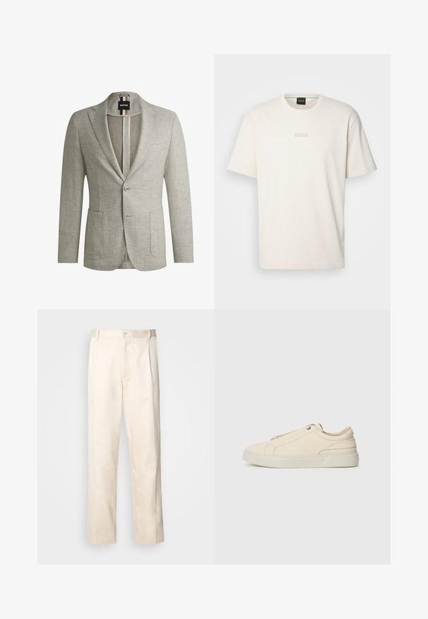 Light gray blazer made of textured fabric. Features two front pockets, single button closure, and a label with black and brown stripes.; BOSS TEE - Basic T-shirt - open white; Beige cotton trousers with a straight-leg cut, featuring a button closure and pleats at the front for added detail.; Beige leather sneaker with a rounded toe, minimalistic design, subtle stitching details, and a textured upper, on a light sole.