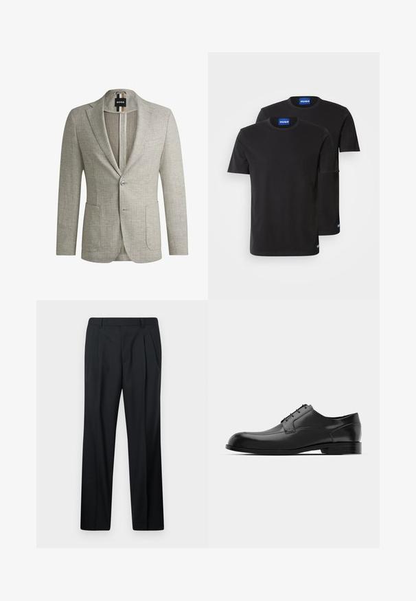 Svetlo siva blejzer iz teksturiranega blaga. Ima dve sprednji žepki, enojno gumbno zapiranje in etiketo z črnimi in rjavimi črtami.; Dve črne bombažne majice s kratkimi rokavi in okroglim izrezom, z modrimi oznakami "HUGO" na ovratnikih in stranskih robovih.; Črne hlače s pregibi, izdelane iz gladkega materiala. Imajo raven kroj, pas z zankami in brez žepov. Preprost dizajn.; Črne usnjene čevlje za obleko, ki imajo zaobljen toe, gladko teksturo, minimalne šive in ravno podplat z diskretnim logotipom na peti.