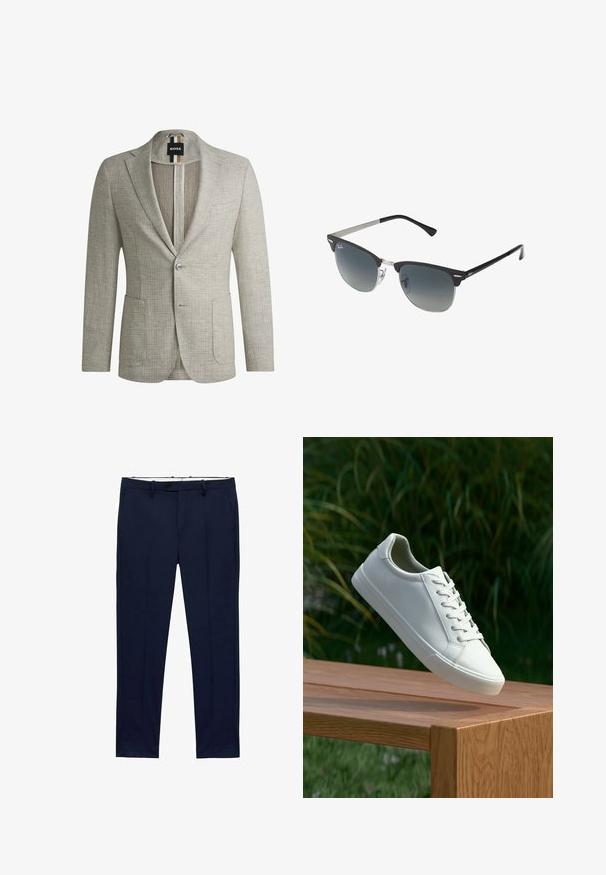 Světle šedý blazer vyrobený z texturované tkaniny. Má dvě přední kapsy, zapínání na jeden knoflík a štítek s černými a hnědými pruhy.; Bílé trička s krátkým rukávem poskládaná, vyrobená z bavlny. Mají kulatý výstřih a rovný střih. Tkanina vypadá hladce, bez vzorů.; Námořnické modré kalhoty se slim fit a pruhovaným vzorem. Obsahují zip, poutka na opasek a přední kapsy. Hladká textilie.; Bílé šněrovací tenisky, které se vznášejí nad dřevěnou lavicí, s zeleným listím v pozadí, předvádějící design a strukturu boty.; Černé a stříbrné sluneční brýle ve tvaru kočičích očí, se stupňovitými skly a kovovými detaily na rámu. Plastové nožičky s šedými konci.