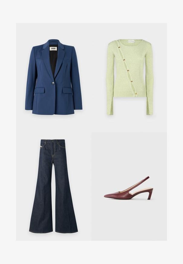 Blazer marine fabriqué en tissu lisse, présentant un revers cranté, une fermeture à un bouton, deux poches avant et une doublure intérieure noire.; Pull à côtes vert clair avec un col rond, des manches longues et une fermeture à boutons en diagonale avec des boutons dorés. Texture douce.; Jean flare bleu foncé en denim, avec taille haute, accents de surpiqûre dorée, et deux poches avant avec fermeture à bouton.; Escarpins bordeaux à bride arrière avec un bout pointu, des découpes sur le côté et un talon bloc de hauteur moyenne. Finition en cuir lisse.
