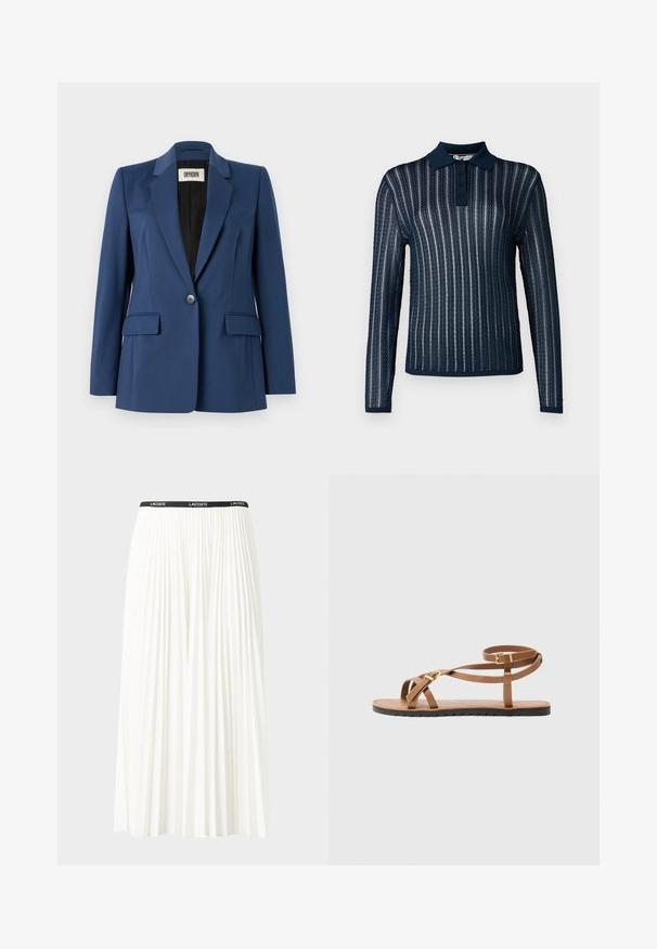 Navy blazer made of smooth fabric, featuring a notch lapel, single button closure, two front pockets, and a black interior lining.; Navy long-sleeve polo shirt with a textured ribbed design, featuring a solid collar, three-button placket, and contrasting stripes.; Pleated white skirt with a black elastic waistband featuring the "LACOSTE" logo. Mid-length design with soft texture.; Brown leather sandal with thin strappy design, featuring a gold-tone buckle and flat black sole with zigzag edge.