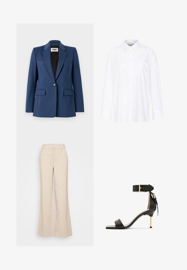 Tumesinine bleiser, mis on valmistatud sileda kangaga, ümmarguste klappidega, ühe nööbiga kinnitusega, kahe esipocket'iga ning musta sisekattega.; Valge pika käisega krae särg, mis on valmistatud puuvillast. Omab nööbipaneeli esiosa ja ühte rinna taskut. Sujuv tekstuur, vabalt lõigatud.; Beeži laiad püksid sujuva tekstuuriga, kõrgendatud vöökoht ja kaks eesmist taskut. Puhtas disain, mis on kohandatud sobivusega.; Must musta kõrge kontsaga sandaal ruudukujulise varbaga, puusapael ja kuldse solgiga ning saledat metallist kontsaga. Sile tekstuur, minimalistlik disain.