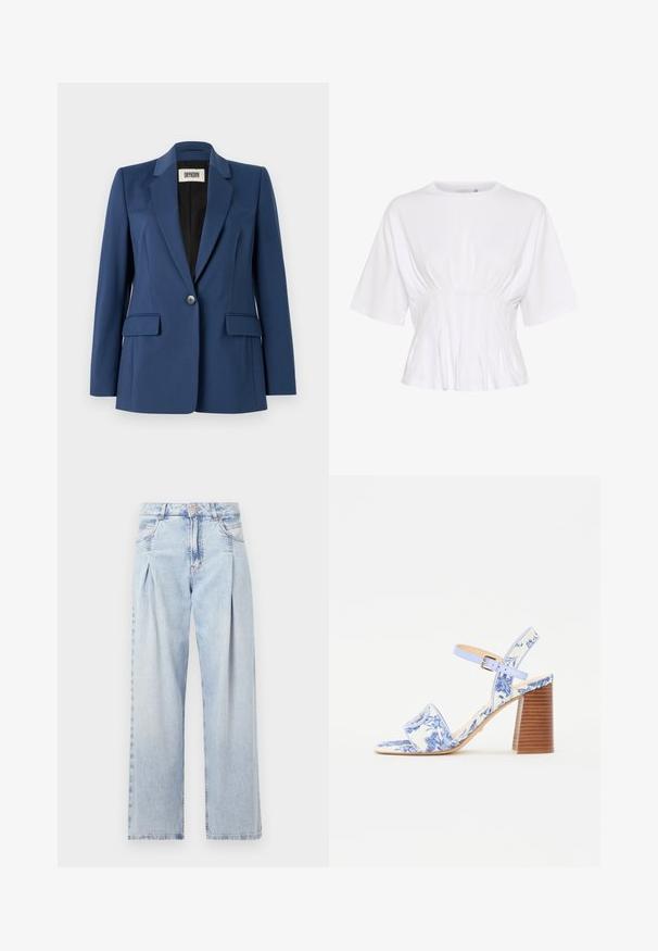 Námornícky blejzer vyrobený z hladkej látky, s výstrihom do klina, zapínaním na jeden gombík, dvoma prednými vreckami a čiernou podšívkou.; Biela blúzka s krátkym rukávom vyrobená z mäkkej látky, s okrúhlym výstrihom a zhluky látky v oblasti pásu pre štíhly vzhľad.; Svetlomodré džínsy s vysokým pásom, širším strihom po celej dĺžke, dvoma bočnými vreckami a skladaným dizajnom. Mäkka textúra s vyblednutým vzhľadom.; Modré sandále s kvetinovým vzorom, so štvorcovou špičkou, širokým popruhom a nastaviteľným členkovým popruhom, s textúrovaným dreveným blokovým podpätkom.