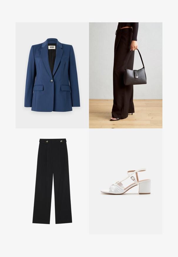 Marineblazer van gladde stof, met een reverskraag, een sluiting met één knoop, twee voorkeurszakken en een zwarte binnenvoering.; Twee shirts met lange mouwen, één zwart en één wit, beide met een vierkante halslijn en gemaakt van zacht, rekbaar materiaal.; Zwarte wijde broek met hoge taille, knoopdetails op de tailleband en plooien aan de voorkant.; Witte satijnen sandaal met een gedraaid voorpand, verstelbare enkelband en een blokhak. Glad oppervlak met een platte zool en contrasterende lichtbruine accenten.; Zwarte handtas met gestructureerde vorm, gladde textuur en een metalen sluiting. Gecombineerd met brede zwarte broeken en sandalen met open teen op een houten vloer.