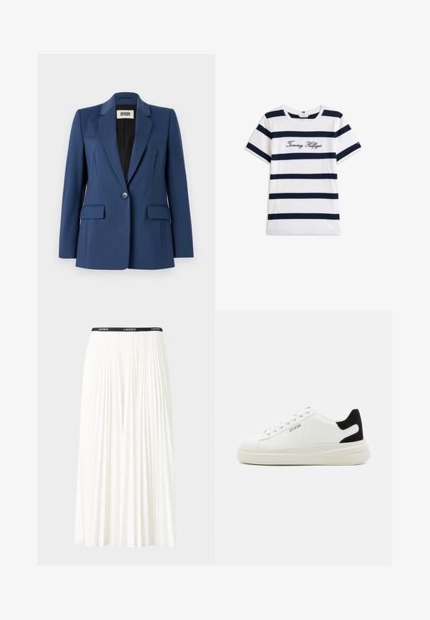 Marineblazer van gladde stof, met een reverskraag, een sluiting met één knoop, twee voorkeurszakken en een zwarte binnenvoering.; Katoenen T-shirt met horizontale marineblauwe strepen op een witte achtergrond. "Tommy Hilfiger" geborduurd in cursieve letters op de borst. Ronde hals.; Plisséminirok in het wit met een zwarte elastische tailleband met het "LACOSTE"-logo. Middellange ontwerp met een zachte textuur.; Witte leren sneakers met een dikke witte zool, zwarte suède hielaccent en een geperst logo op de zijkant. Vetersluiting met zes oogjes.