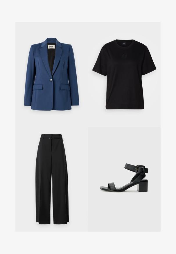 Jūrininkų švarkas, pagamintas iš lygios medžiagos, su įpjovimu, viena mygtuko uždarymo sistema, dviem priekinėmis kišenėmis ir juodu vidiniu pamušalu.; Juodas medvilninis marškinėliai su apvalia iškirpte, trumpomis rankovėmis ir siuvinėjimu ant krūtinės. Paprastas, laisvas siluetas be raštų.; Juodos plačios kelnes su aukštu juosmeniu ir diržu. Pasižymi lygiu paviršiumi ir švariomis linijomis, sukurtos patogiam prigludimui.; Juodas odinis su aukštu kulnu sandalų modelis su reguliuojamu kulkšnies dirželiu, atvirais pirštais ir kvadratiniu bloku kulnu. Lygus paviršius, minimalizmo stilius.