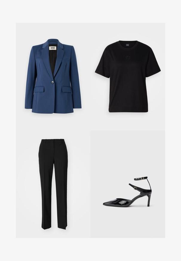 Granatowa marynarka wykonana z gładkiego materiału, z klapami w kształcie notcha, zapinana na jeden guzik, z dwoma przednimi kieszeniami i czarną podszewką.; Czarny bawełniany t-shirt z okrągłym dekoltem, krótkimi rękawami i haftowanym logo na piersi. Prosty, luźny krój bez wzorów.; Czarne spodnie o dopasowanym kroju z prostymi nogawkami, o gładkiej fakturze i wyraźnych zagięciach z przodu. Bez widocznych elementów metalowych.; Czarne lakierowane szpilki z ostrym noskiem, regulowanymi paskami wokół kostki i smukłą szpilką. Gładka tekstura z błyszczącym wykończeniem.