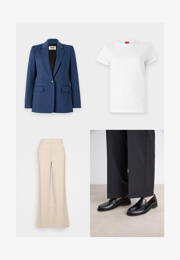 Marineblazer van gladde stof, met een reverskraag, een sluiting met één knoop, twee voorkeurszakken en een zwarte binnenvoering.; Witte T-shirt met korte mouwen, gemaakt van lichtgewicht katoen. Heeft een ronde hals en opgerolde mouwen. Rode merketiket op de kraag.; Beige wijduitlopende broek met een gladde textuur, voorzien van een hoge tailleband en twee voorzakken. Schoon ontwerp met een getailleerde pasvorm.; Zwarte leren instappers met een gladde afwerking, gestikte details rond de teen en een lage rubberen zool. Gepaard met brede zwarte broeken.