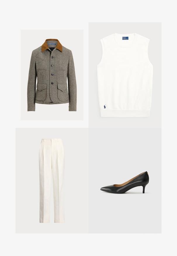 Casaco castanho de padrão espinha de peixe com gola de bombazina, apresenta fecho de botões, dois bolsos frontais e um design de corte clássico.; Sweater branco sem mangas, feito de algodão liso, com uma bainha canelada e um pequeno logotipo em navy na parte inferior esquerda. Design simples, sem padrões.; Polo Ralph Lauren HEMP WIDE LEG PANT - Calças - nevis; Sapato de salto alto em pele preta com bico fino, salto baixo e textura suave. Apresenta uma ligeira abertura na parte da frente e mínima ferragem na parte de trás.