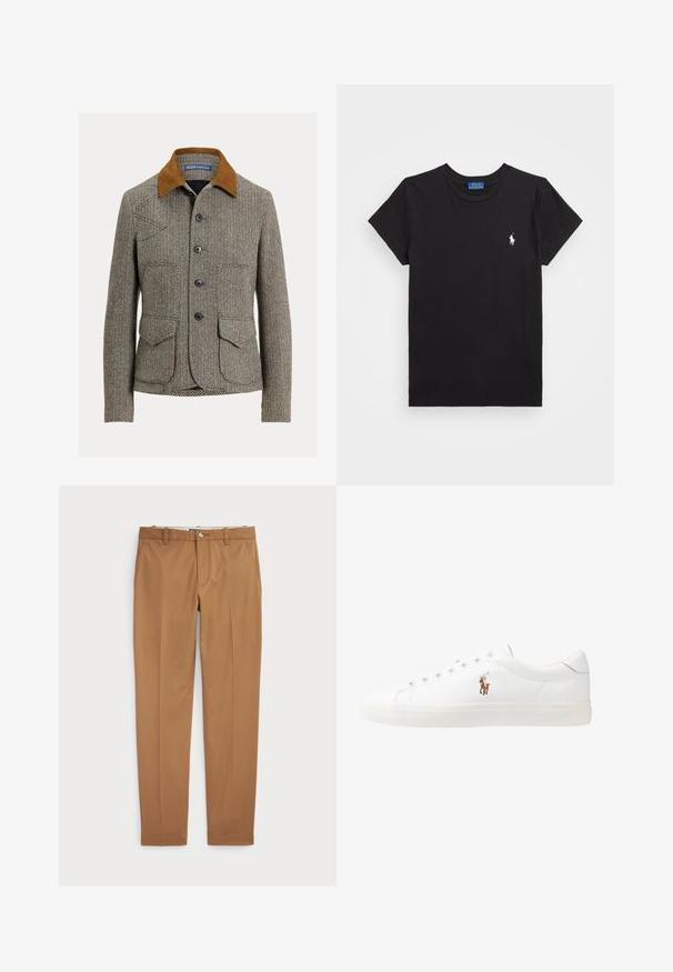 Brązowa marynarka w jodełkę z kołnierzem z aksamitu sztruksowego, zapinana na guziki, z dwoma przednimi kieszeniami i klasycznym fasonem.; Czarna bawełniana koszulka z okrągłym dekoltem, krótki rękaw i białym haftowanym logo na lewej piersi. Gładka faktura, casualowy design.; Brązowe bawełniane spodnie w fasonie slim-fit, z płaskim przodem i standardowymi kieszeniami; gładka tekstura i podwinięte mankiety.; Białe skórzane sneakersy, niskoprofilowy design, charakteryzujące się gładką fakturą, okrągłym noskiem, sznurowanym przodem i małym haftowanym logo z boku.